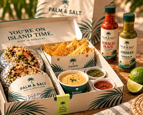 Food and packaging design with salsa cups, hot-sauce bottles and a boxed burrito