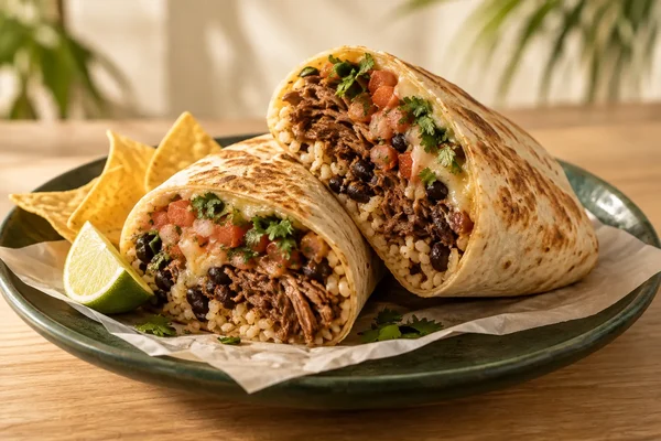 Burrito design with chips and lime